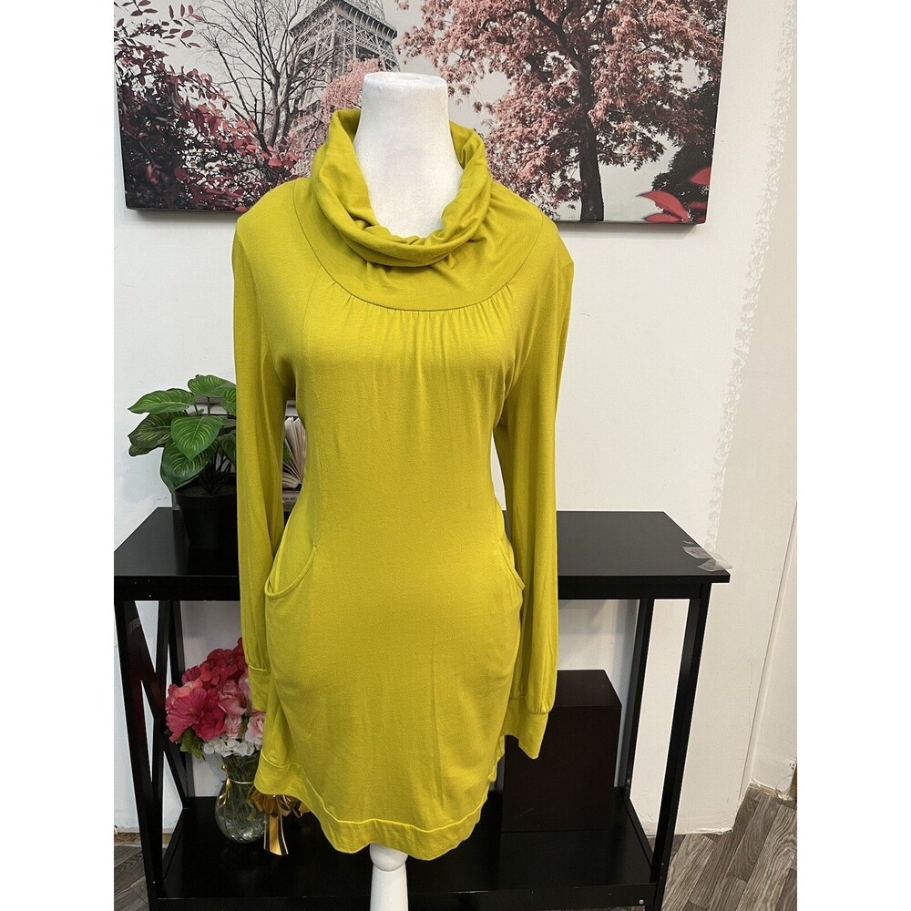 Pink Twill Cotton Modal Tunic Dress Medium Lime Green Cowl Neck Pockets Soft